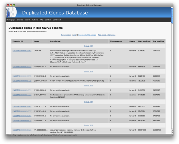 Output format selection in browse mode: list of duplicate genes